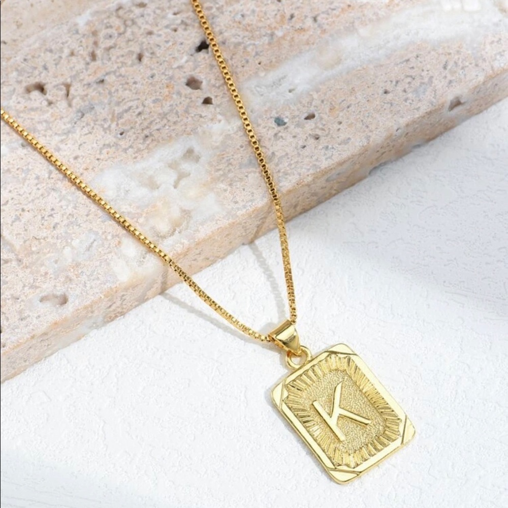 Gold Plated Letter “K” Initial Engraved Charm Tag Box Chain Necklace